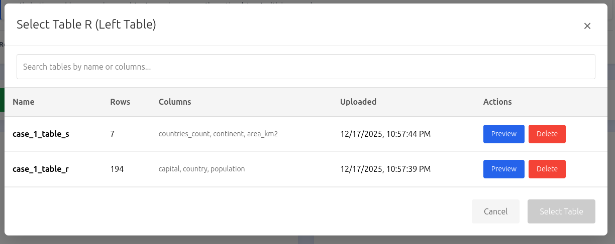Select Tables from Database